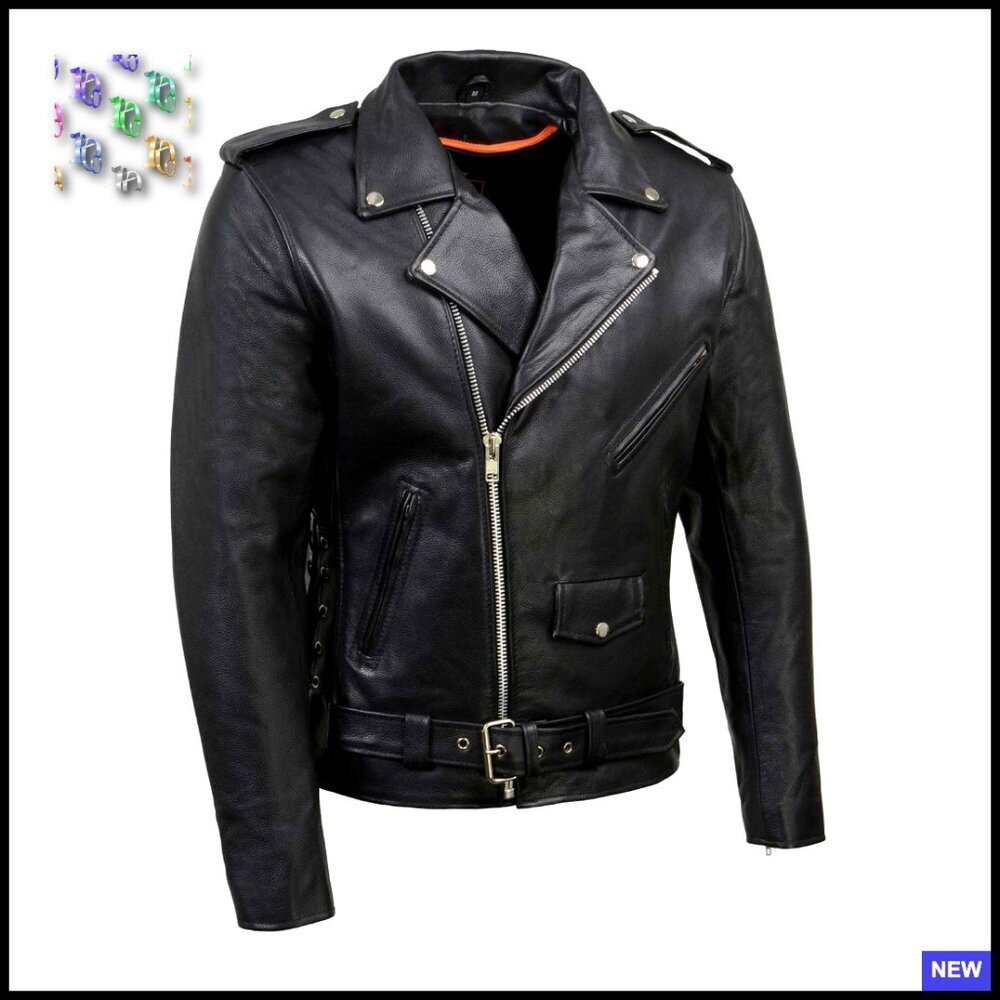 Classic Leather Motorcycle Jacket with Side Laces and Removable Thermal Liner